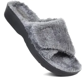 AEROTHOTIC Soft Fuzzy Slippers Outdoor and Indoor with Non-Slip Sole Stylish Straps Comfortable Womens Slippers Open Toe Home Travel Vacation Wear
