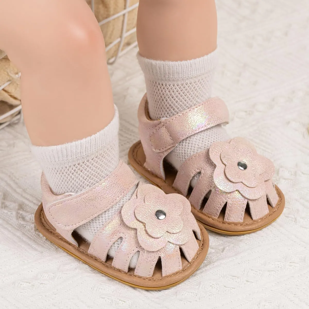 Babelvit Infant Baby Girl Boy Sandals Comfort Premium Summer Outdoor Casual Beach Shoes with Flower Bowknot Anti Slip Rubber Sole Newborn Toddler Prewalker First Walking Shoes