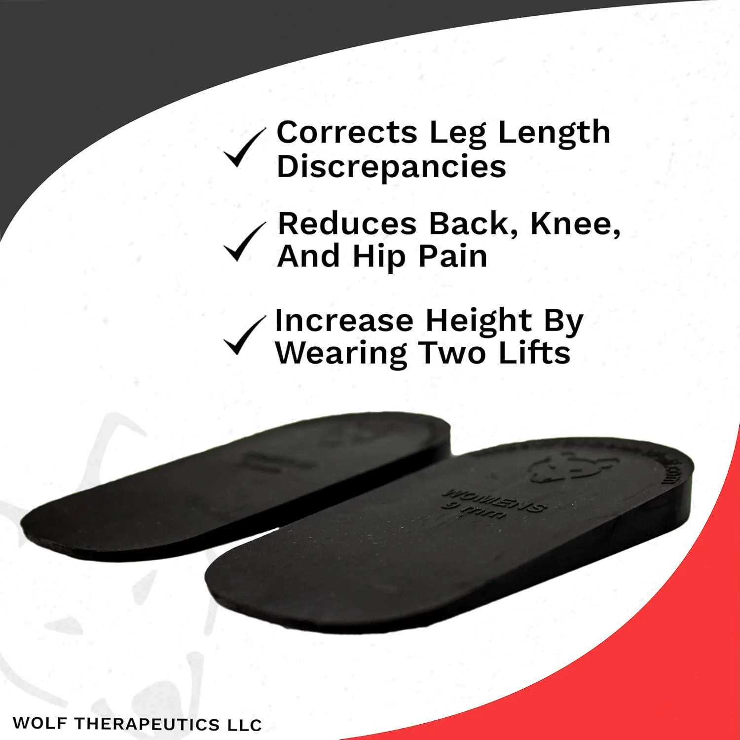 Dr. Wolf Heel Lifts for Shoes: Women's 9mm Height Increase Insoles, Rubber Heel Inserts for Leg Length Discrepancy & Achilles Tendonitis Relief, Hip, Knee, & Back Pain Relief (2 Pack)
