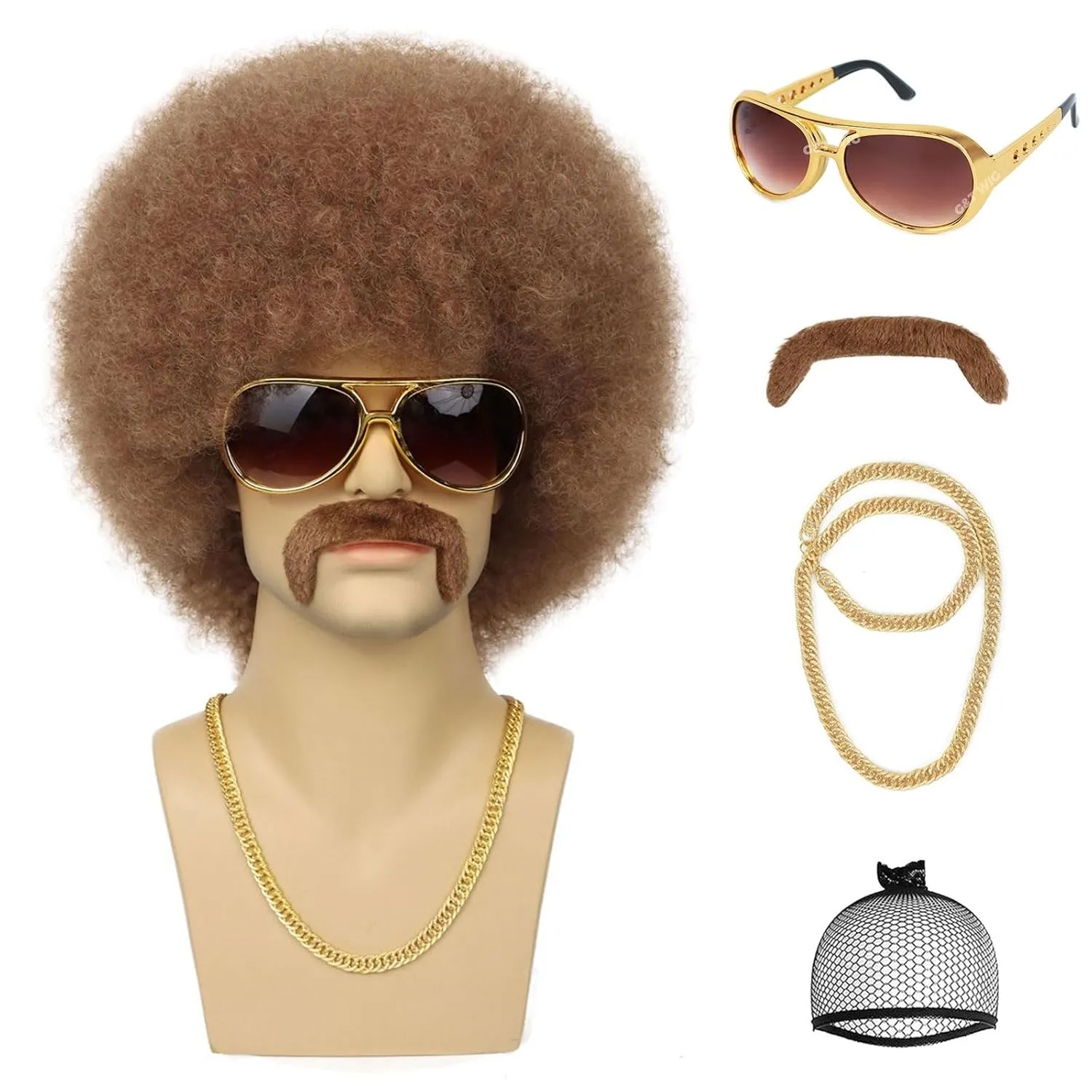 G&T Wig 70s Afro Wig for Men with Glasses Chain and Mustache Mens Costume Disco Wig Short Curly Natural Brown Hair Fluffy Synthetic Funny Wigs for Party Halloween Hippies Rocker??Light Brown??
