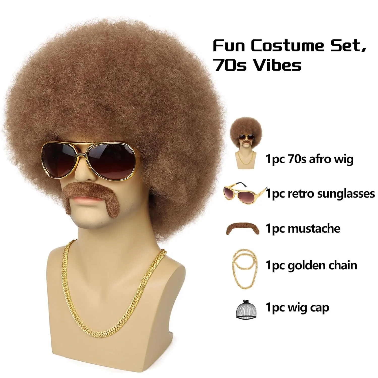 G&T Wig 70s Afro Wig for Men with Glasses Chain and Mustache Mens Costume Disco Wig Short Curly Natural Brown Hair Fluffy Synthetic Funny Wigs for Party Halloween Hippies Rocker??Light Brown??