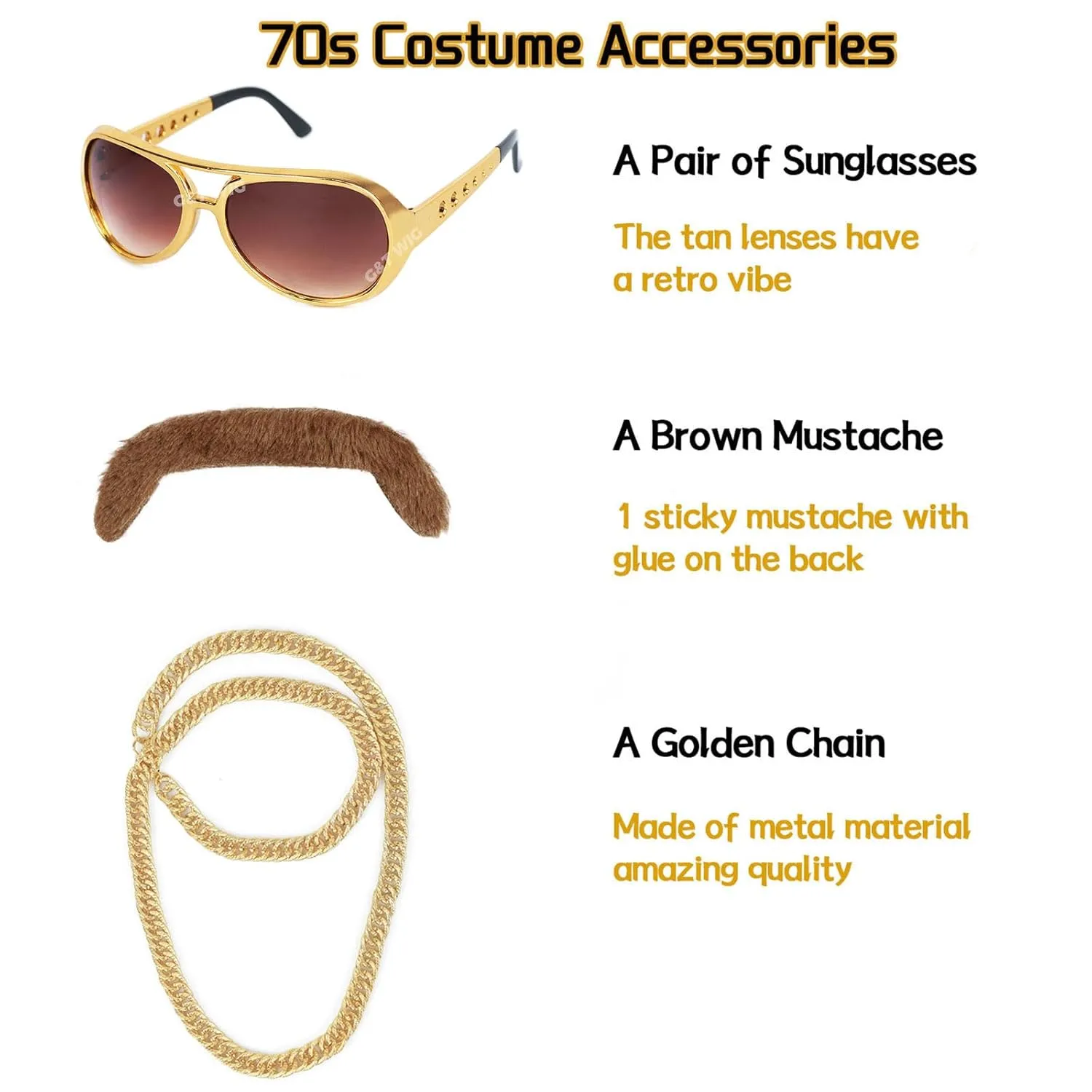 G&T Wig 70s Afro Wig for Men with Glasses Chain and Mustache Mens Costume Disco Wig Short Curly Natural Brown Hair Fluffy Synthetic Funny Wigs for Party Halloween Hippies Rocker??Light Brown??