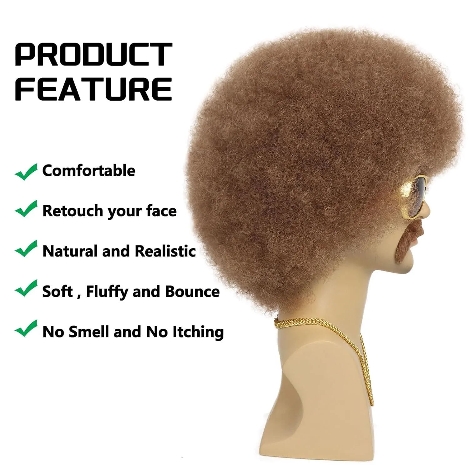 G&T Wig 70s Afro Wig for Men with Glasses Chain and Mustache Mens Costume Disco Wig Short Curly Natural Brown Hair Fluffy Synthetic Funny Wigs for Party Halloween Hippies Rocker??Light Brown??