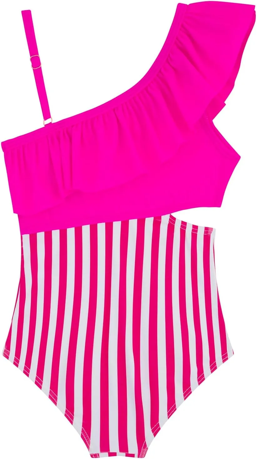 Girls One Piece Swimsuits Cutout Ruffle Bathing Suit Quick Dry Beach Swimwear with Adjustable Strap 5-14 Years