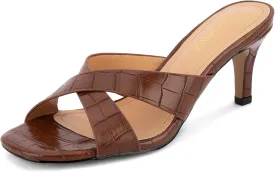 Greatonu Women's Square Toe Summer Heels Mules Cross Strap Slip on 2.5 Inch kitten Heeled Sandals