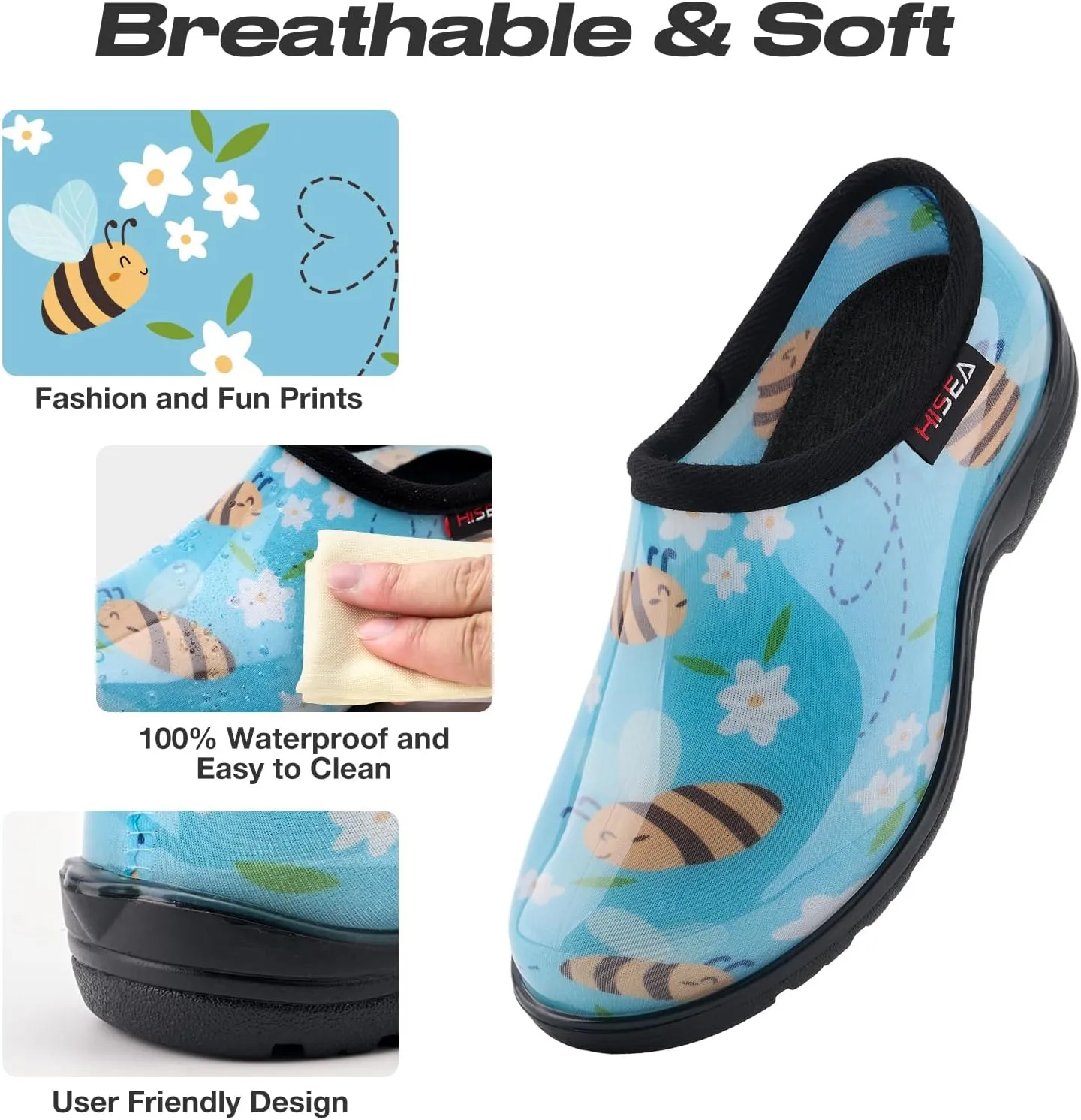 HISEA Waterproof Garden Shoe for Women Outdoor Slip-On Rain Boots Rubber Rain Shoes Short Ankle Booties and Garden Clogs with Comfort Insole