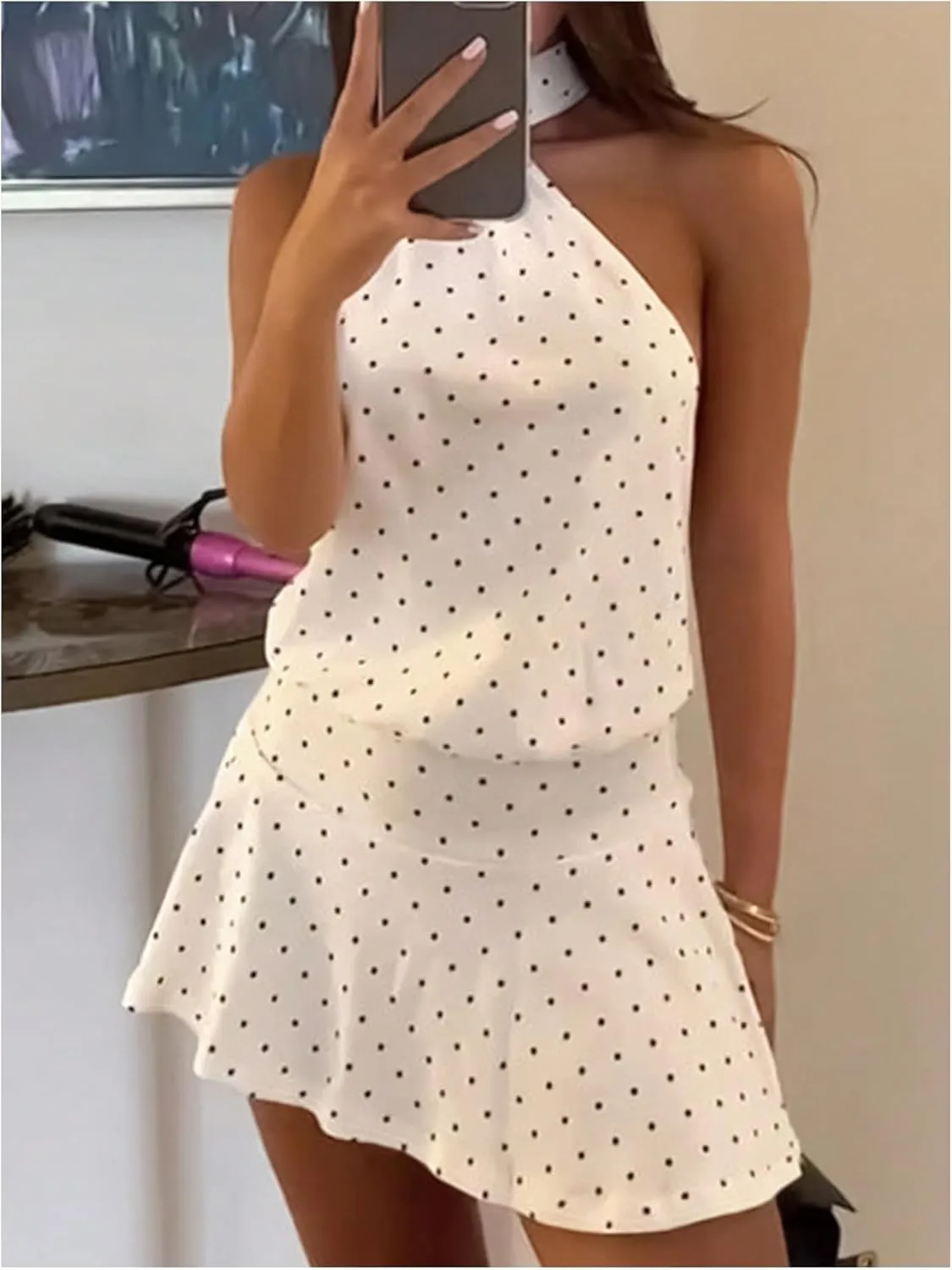 MakeMeChic Women's Polka Dots Mini Dresses Y2k Ruffle Tie Backless Halter Dress