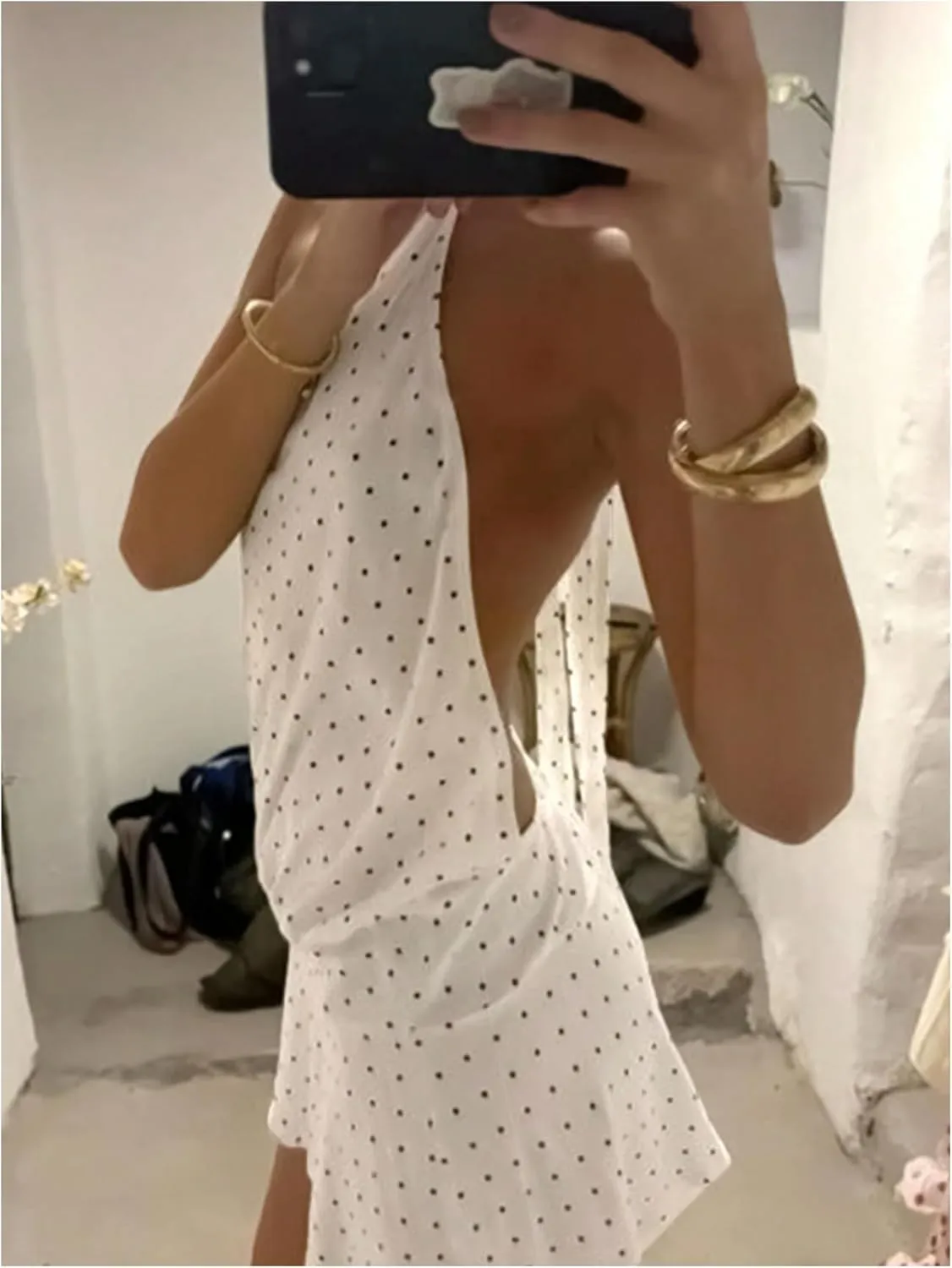 MakeMeChic Women's Polka Dots Mini Dresses Y2k Ruffle Tie Backless Halter Dress