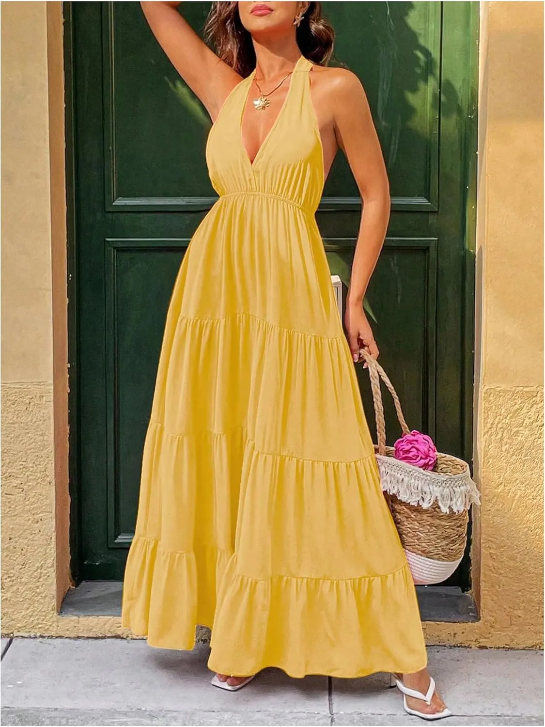 Milumia Women's Open Back Halter Dress Deep V Neck Sleeveless Layered Ruffle Maxi Dresses
