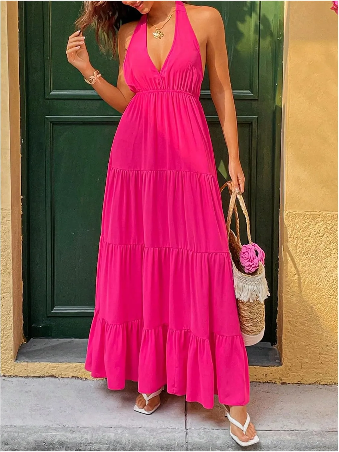 Milumia Women's Open Back Halter Dress Deep V Neck Sleeveless Layered Ruffle Maxi Dresses