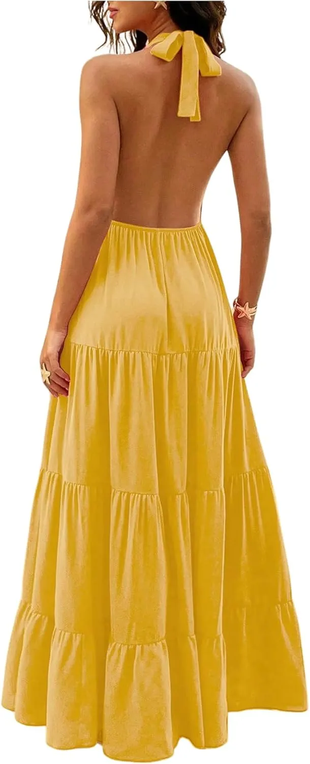 Milumia Women's Open Back Halter Dress Deep V Neck Sleeveless Layered Ruffle Maxi Dresses