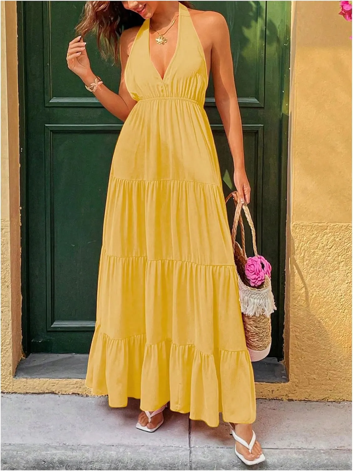 Milumia Women's Open Back Halter Dress Deep V Neck Sleeveless Layered Ruffle Maxi Dresses