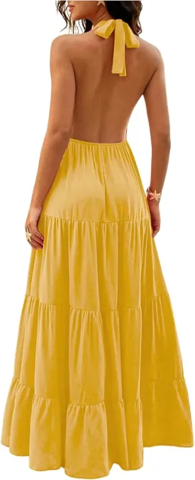 Milumia Women's Open Back Halter Dress Deep V Neck Sleeveless Layered Ruffle Maxi Dresses