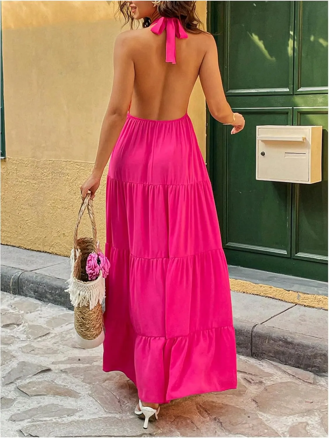 Milumia Women's Open Back Halter Dress Deep V Neck Sleeveless Layered Ruffle Maxi Dresses
