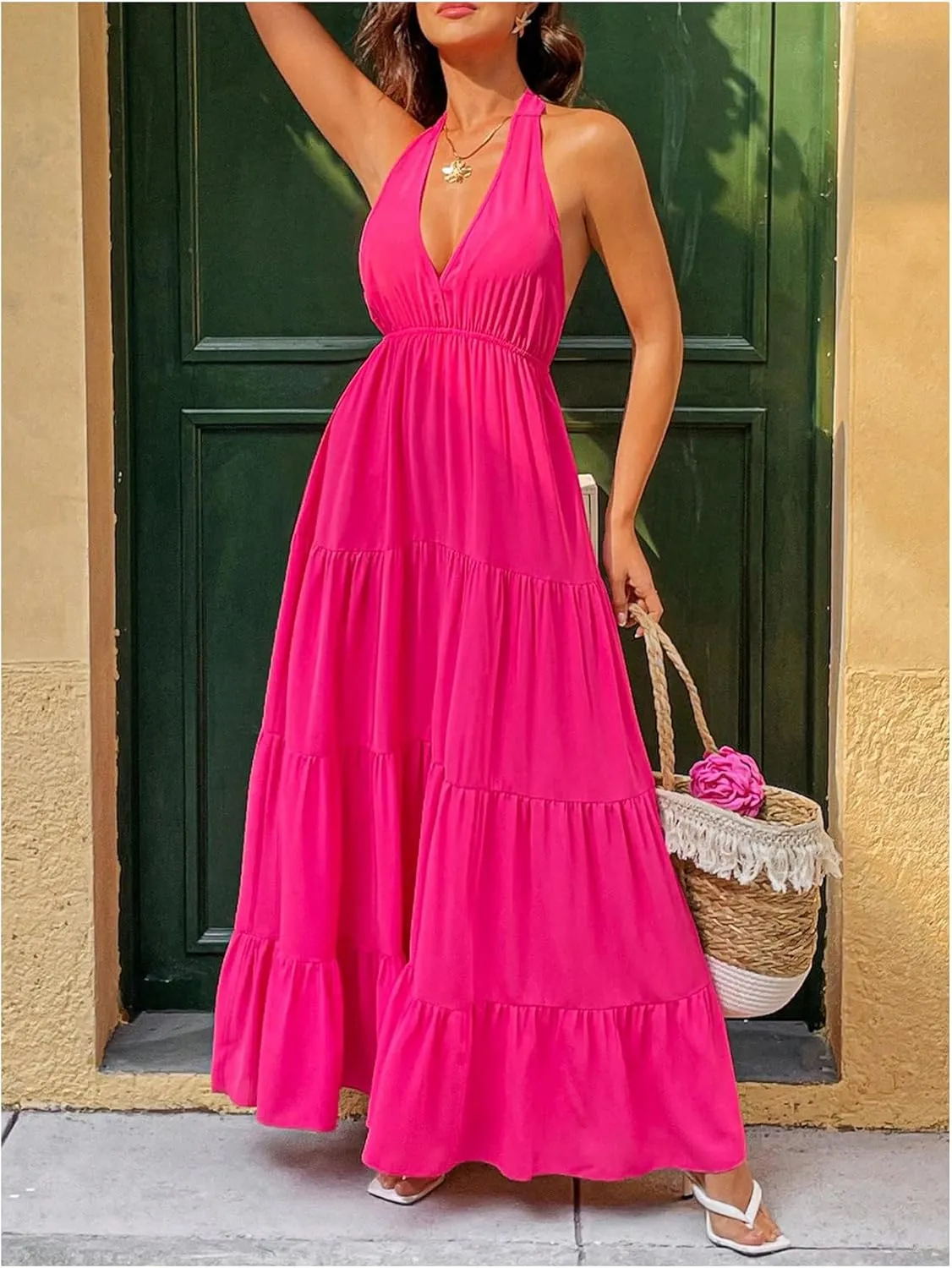 Milumia Women's Open Back Halter Dress Deep V Neck Sleeveless Layered Ruffle Maxi Dresses