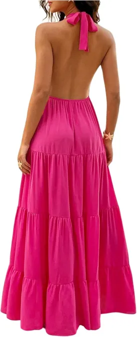 Milumia Women's Open Back Halter Dress Deep V Neck Sleeveless Layered Ruffle Maxi Dresses