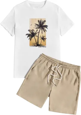 SOLY HUX Men's Summer Tracksuit 2 Piece Beach Outfit Tropical Print Tee and Shorts Set