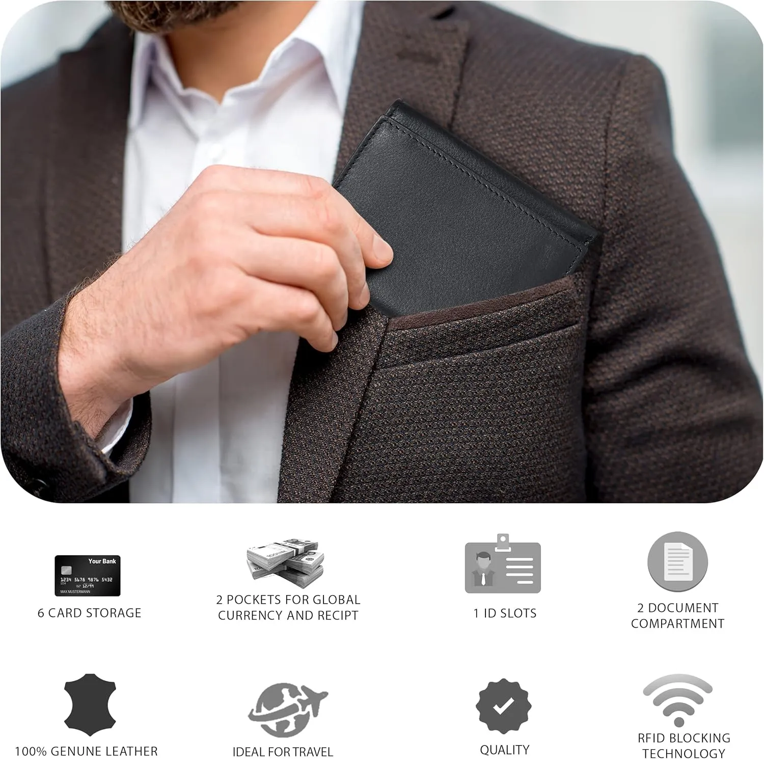 Tri fold Leather Wallet for Men with RFID | Slim Wallets for Men with 1 ID and 6 Credit card slots | Front Pocket Minimalist