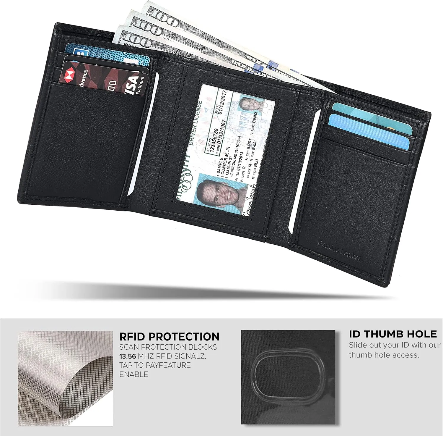 Tri fold Leather Wallet for Men with RFID | Slim Wallets for Men with 1 ID and 6 Credit card slots | Front Pocket Minimalist