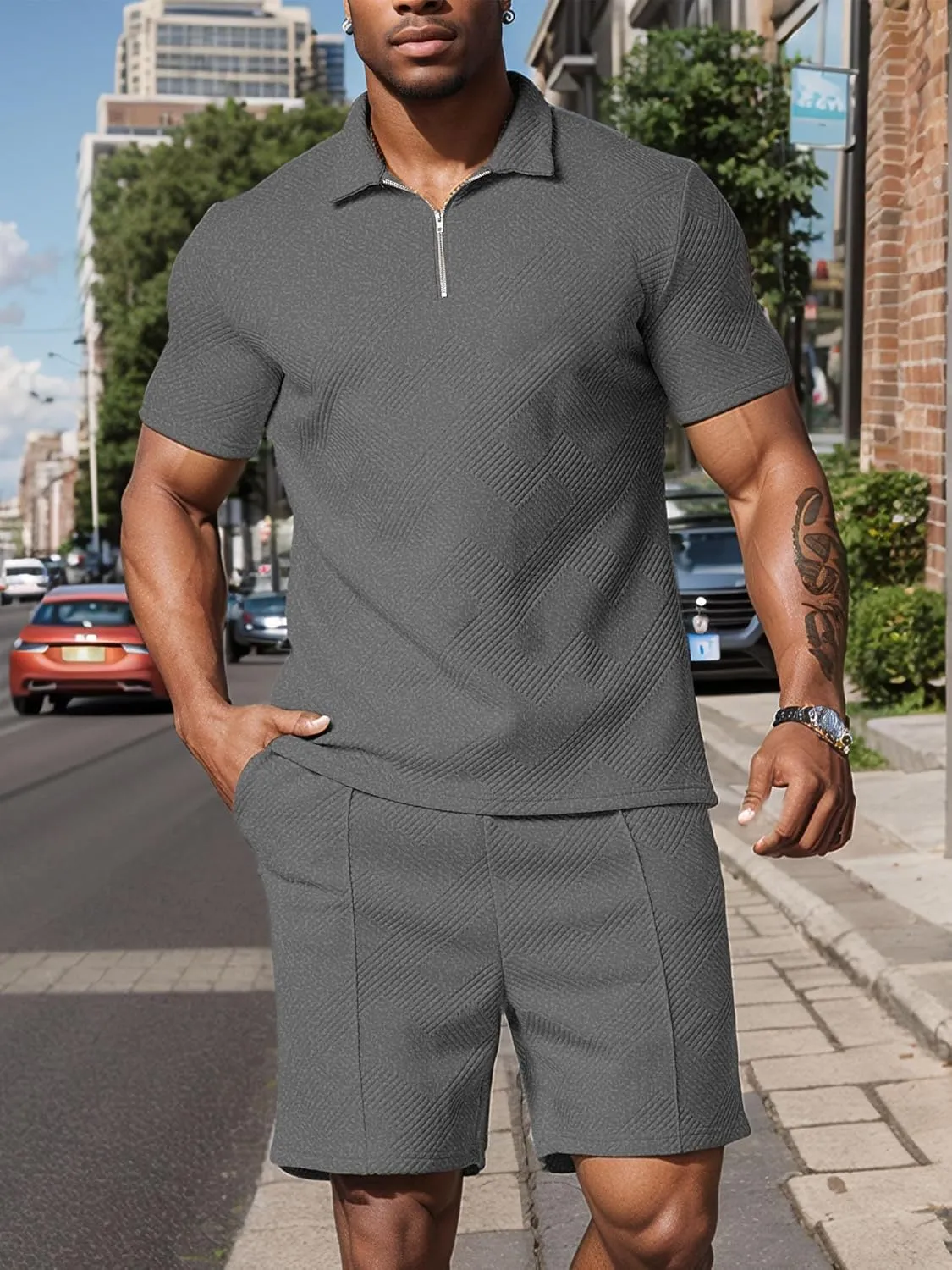 UOUA Mens Summer Track Suits 2 Piece Shorts Sets Short Sleeve Sweatsuit Outfits 1/4 Zip Golf Polo Shirts Loungewear