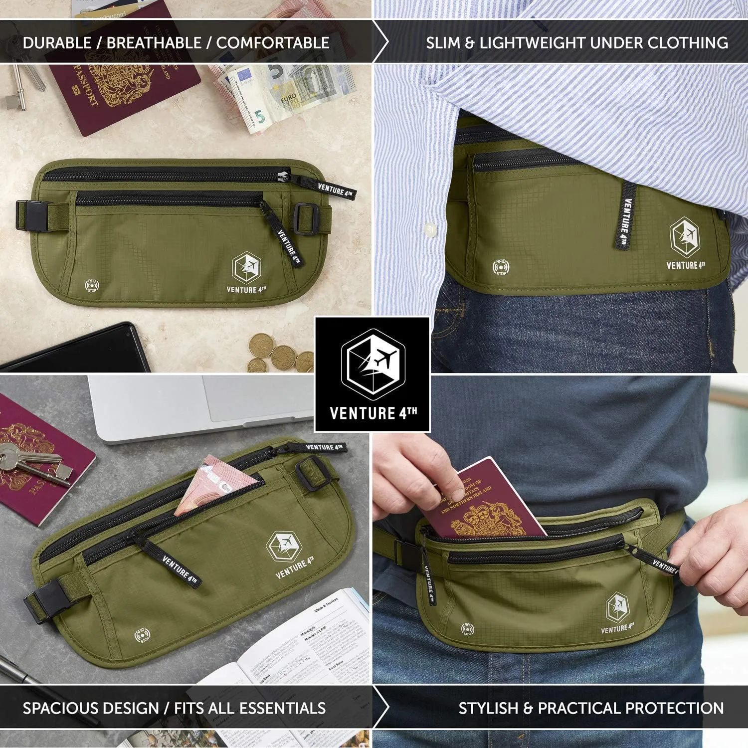 VENTURE 4TH Travel Money Belt - Slim Passport Holder RFID Blocking Travel Pouch to Protect Cash, Credit Cards and Travel Documents (Green)