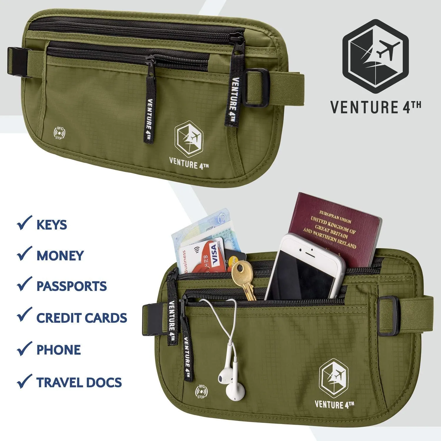 VENTURE 4TH Travel Money Belt - Slim Passport Holder RFID Blocking Travel Pouch to Protect Cash, Credit Cards and Travel Documents (Green)