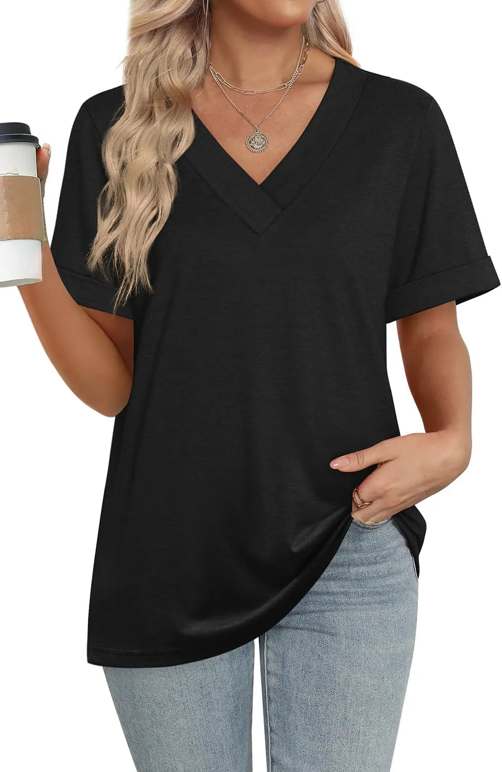 WIHOLL Womens Summer Tops Short Sleeve Basic Casual V Neck T Shirts Trendy Fashion 2025