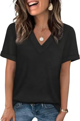 WIHOLL Womens Summer Tops Short Sleeve Basic Casual V Neck T Shirts Trendy Fashion 2025