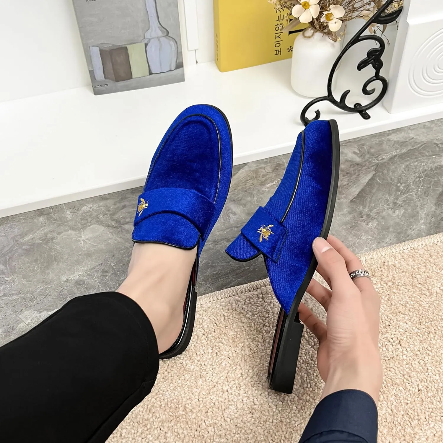 YYQL Mens Slippers with Arch Support Embroidered Leather Sandals for Men Slip On House Shoes with Indoor Outdoor Anti-Skid Rubber Sole Size 7-13