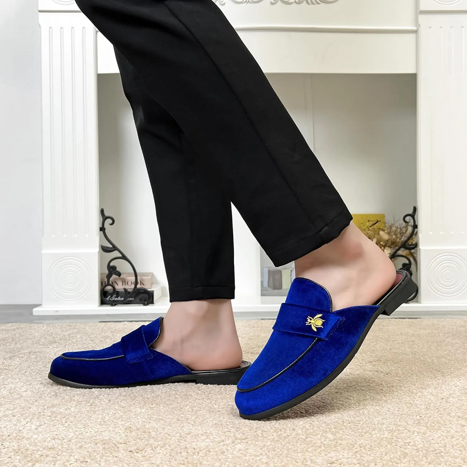 YYQL Mens Slippers with Arch Support Embroidered Leather Sandals for Men Slip On House Shoes with Indoor Outdoor Anti-Skid Rubber Sole Size 7-13