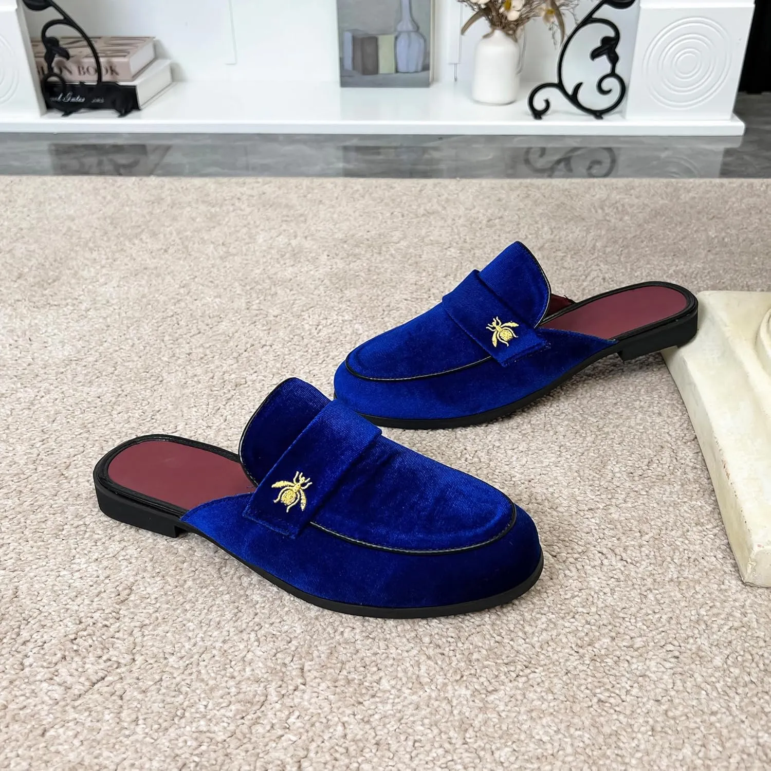 YYQL Mens Slippers with Arch Support Embroidered Leather Sandals for Men Slip On House Shoes with Indoor Outdoor Anti-Skid Rubber Sole Size 7-13